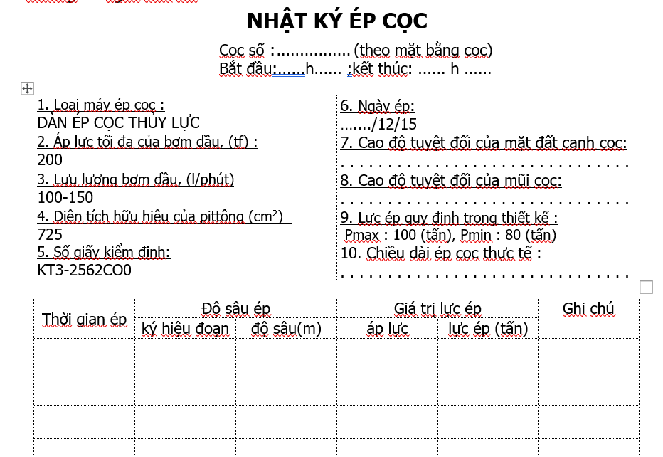 nhật ký ép cọc công trình